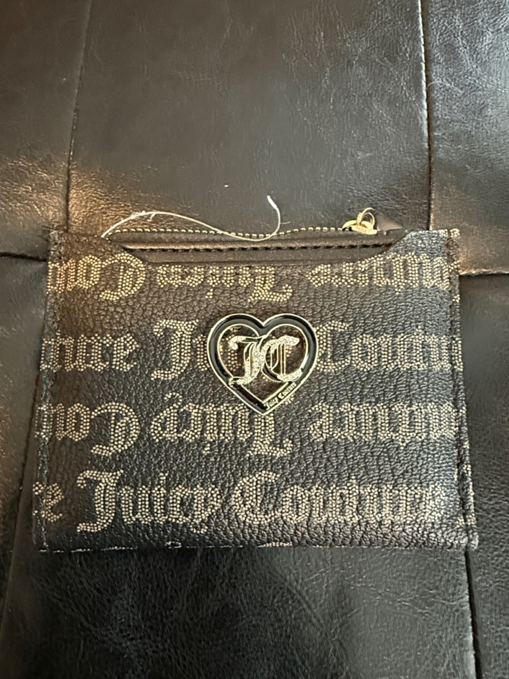 Juicy Couture Black and Gold Logo Heart Zip Card Pouch